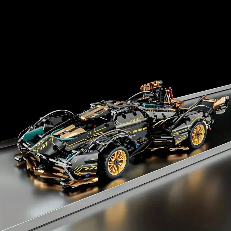 2026 Hot Building Block Racing Car V12 Building Block Car Black and Gold Accessories Fine Desktop Wooden Model Car Birthday Gift
