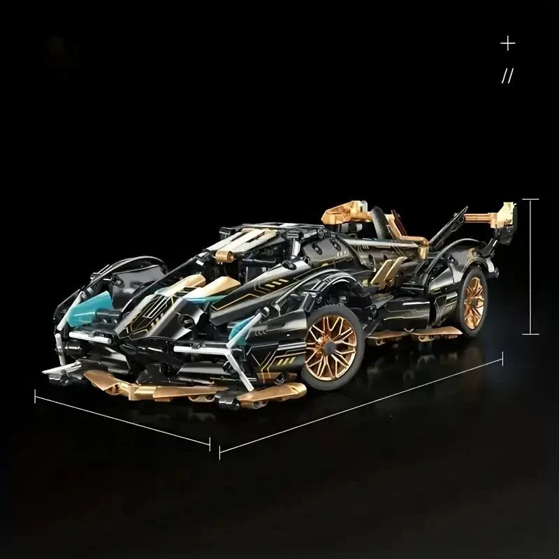 2026 Hot Building Block Racing Car V12 Building Block Car Black and Gold Accessories Fine Desktop Wooden Model Car Birthday Gift