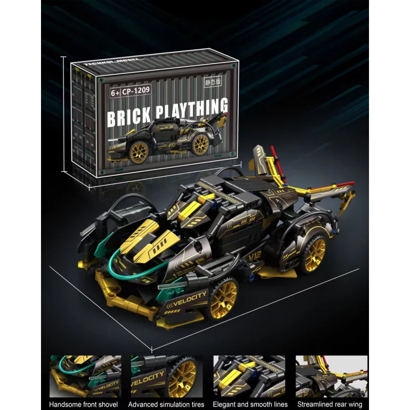 2026 Hot Building Block Racing Car V12 Building Block Car Black and Gold Accessories Fine Desktop Wooden Model Car Birthday Gift