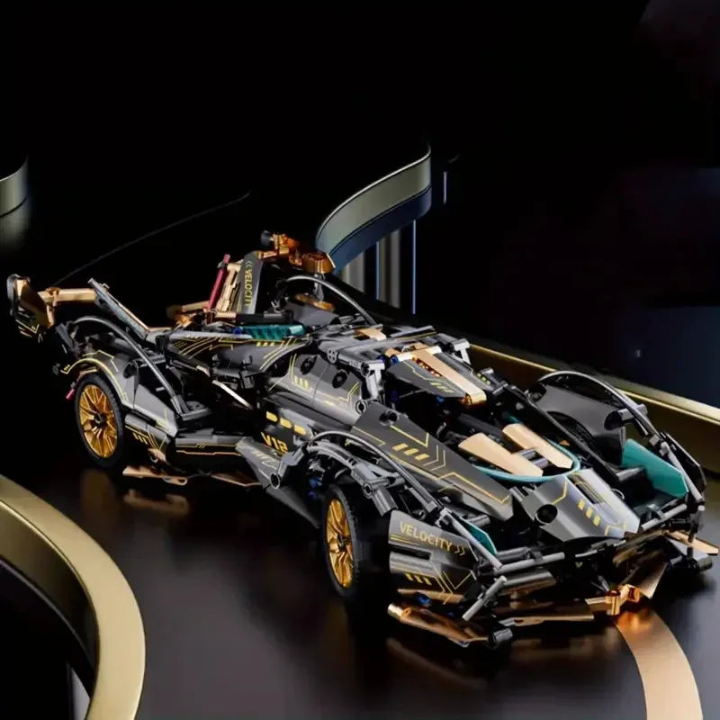 2026 Hot Building Block Racing Car V12 Building Block Car Black and Gold Accessories Fine Desktop Wooden Model Car Birthday Gift